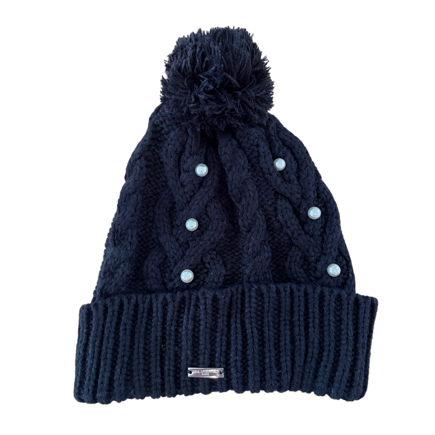KARL LAGERFELD Women's Pom Pom Pearl Beanie in Black