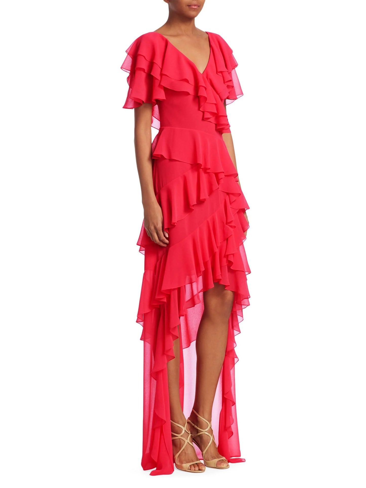 BADGLEY MISCHKA Women's High-Low Tiered Ruffle Gown