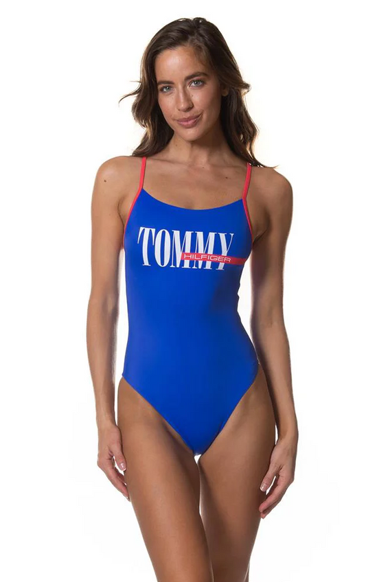 TOMMY HILFIGER Women's One-Piece Swimsuit Logo Blue Pink