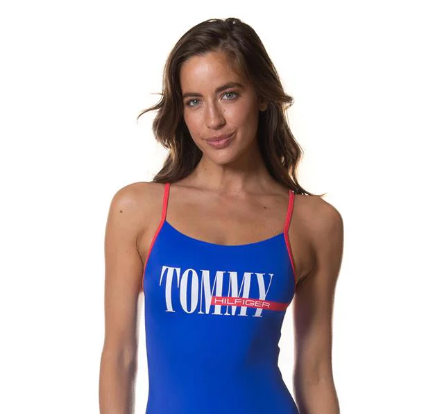 TOMMY HILFIGER Women's One-Piece Swimsuit Logo Blue Pink