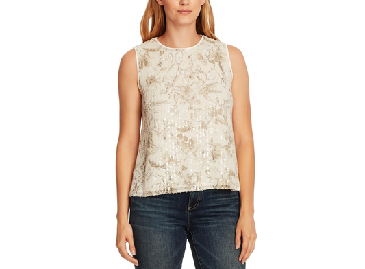 VINCE CAMUTO Women's Light Beige Floral Sequin Blouse Top