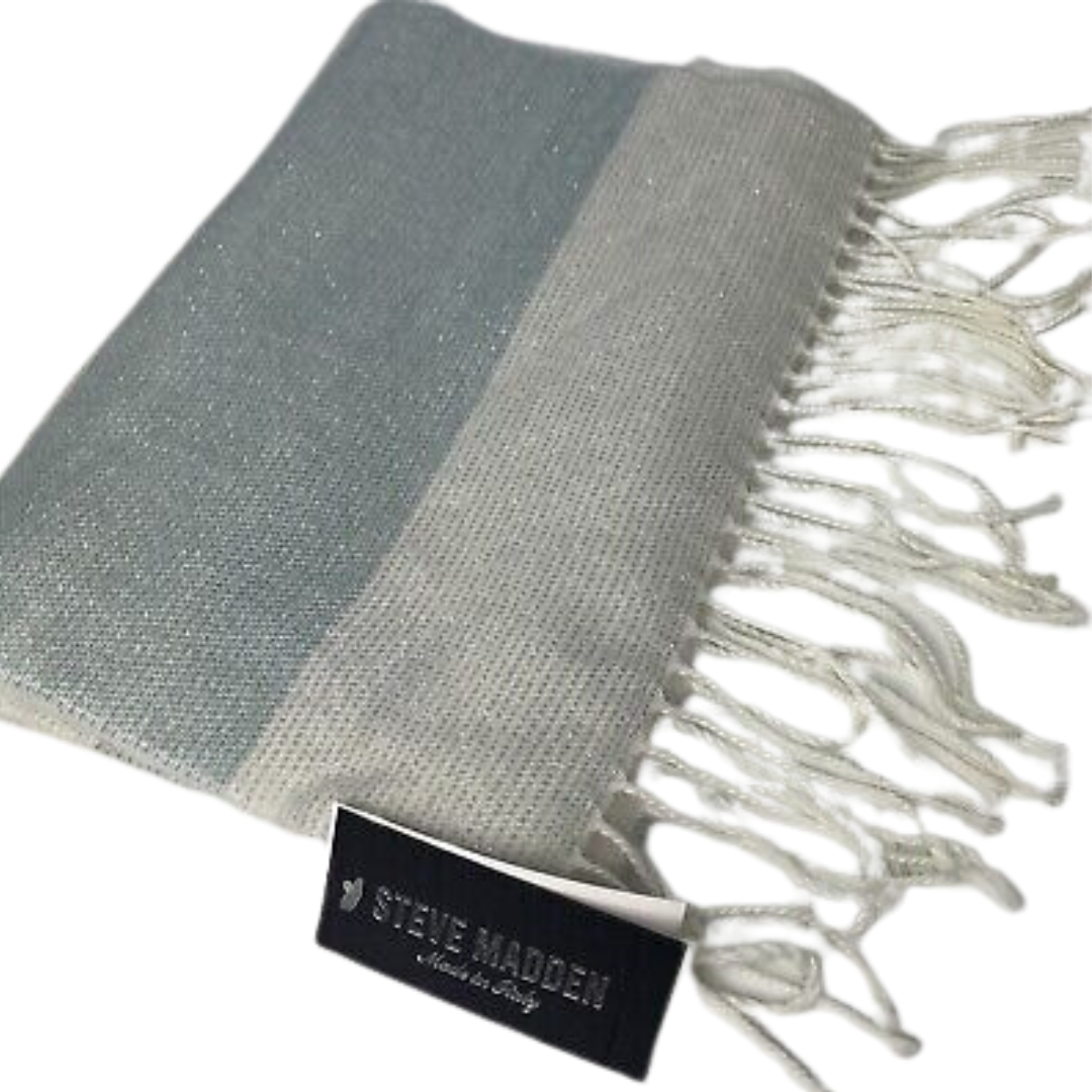 STEVE MADDEN Women's Stripe Ivory, Grey and Light Blue Sparkle Winter Scarf