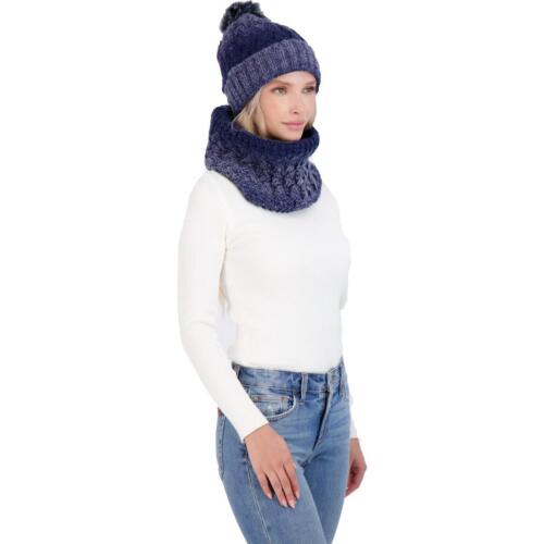 KENDALL + KYLIE Women's Winter Knitted Scarf & Beanie Set Navy Purple Ombre