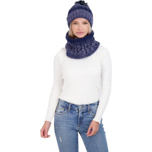 KENDALL + KYLIE Women's Winter Knitted Scarf & Beanie Set Navy Purple Ombre