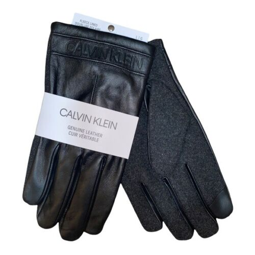 CALVIN KLEIN Black Genuine Leather Fleece Lined Gloves with Embossed Logo