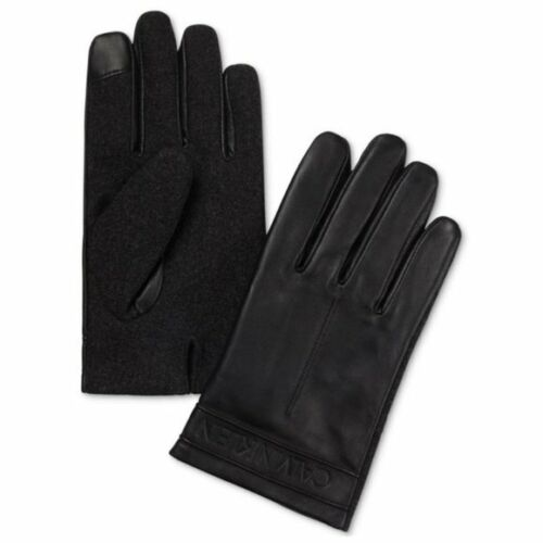 CALVIN KLEIN Black Genuine Leather Fleece Lined Gloves with Embossed Logo