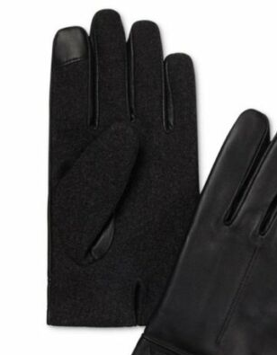 CALVIN KLEIN Black Genuine Leather Fleece Lined Gloves with Embossed Logo