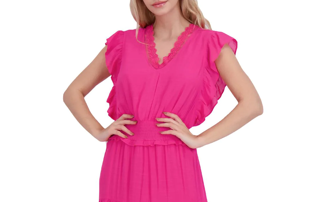 NANETTE LEPORE Women's Flutter Sleeved V Neck Maxi Dress in Fuchsia Rose Pink