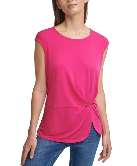 CALVIN KLEIN Women's Stretch Cap Sleeve Round Neck Top in Pink