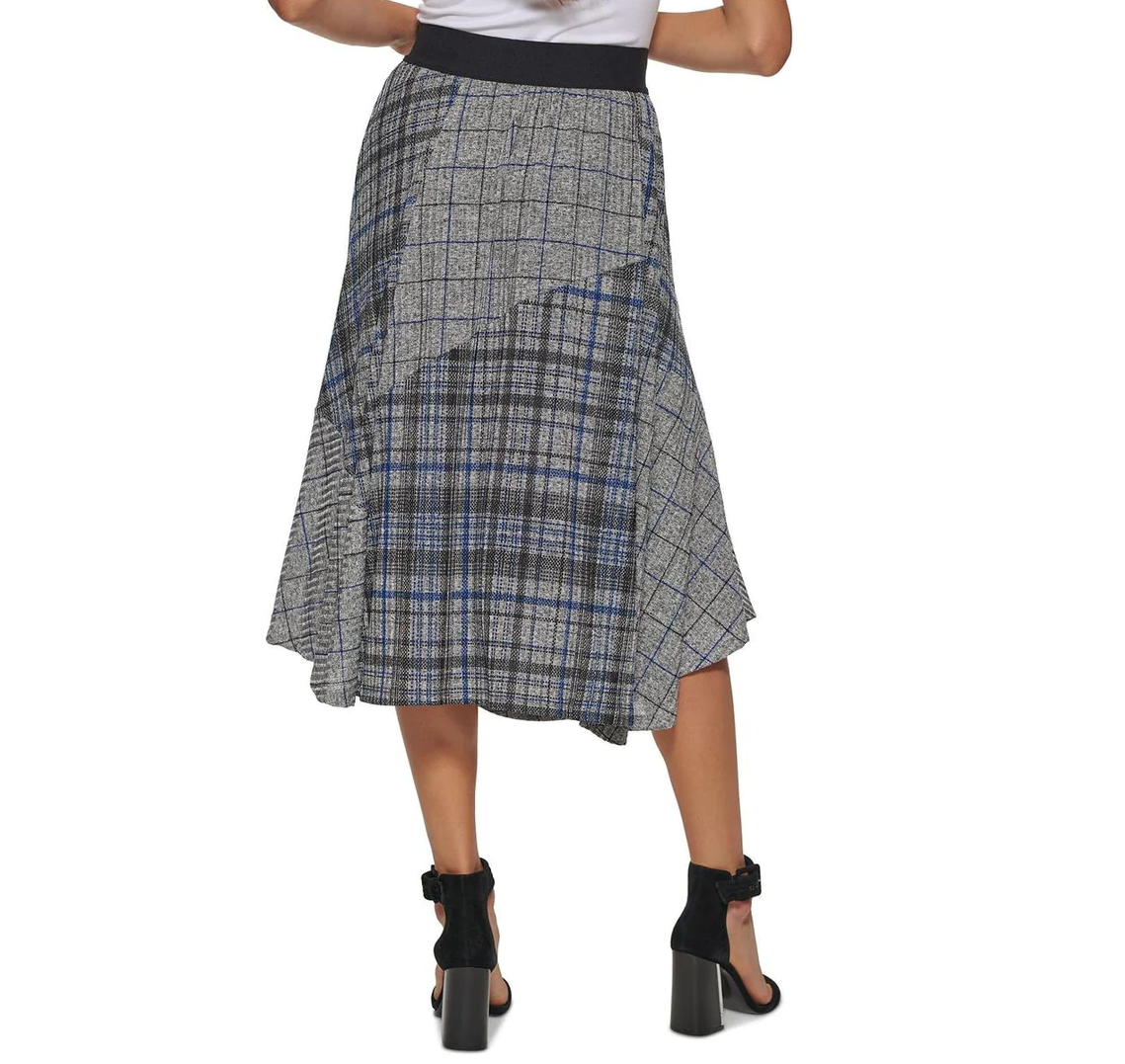 CALVIN KLEIN Elastic Waist Plaid Skirt in Grey and Blue