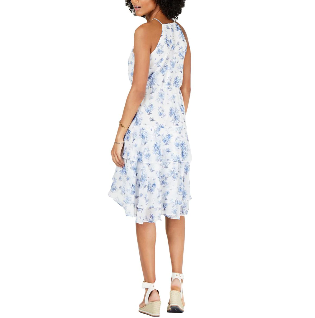 TOMMY HILFIGER Chiffon Floral Midi Sundress in White & Blue