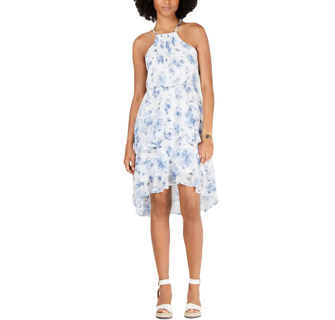 TOMMY HILFIGER Chiffon Floral Midi Sundress in White & Blue