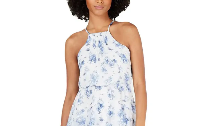 TOMMY HILFIGER Chiffon Floral Midi Sundress in White & Blue