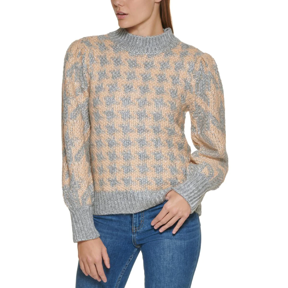 CALVIN KLEIN Medium Knit Houndstooth Women's Sweater Jumper in Grey/ Tan