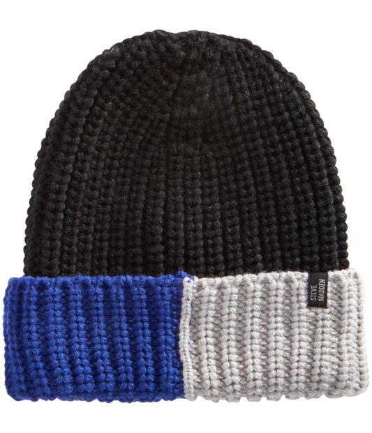 STEVE MADDEN Men's Colour block Knitted Beanie- Black Blue Grey