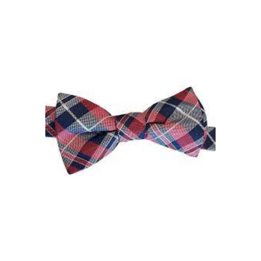 TOMMY HILFIGER Men's Red White Blue Plaid Tied Silk Bow Tie