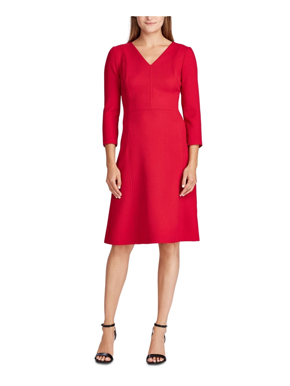 RALPH LAUREN Long Sleeved V Neck Shift Dress in Red