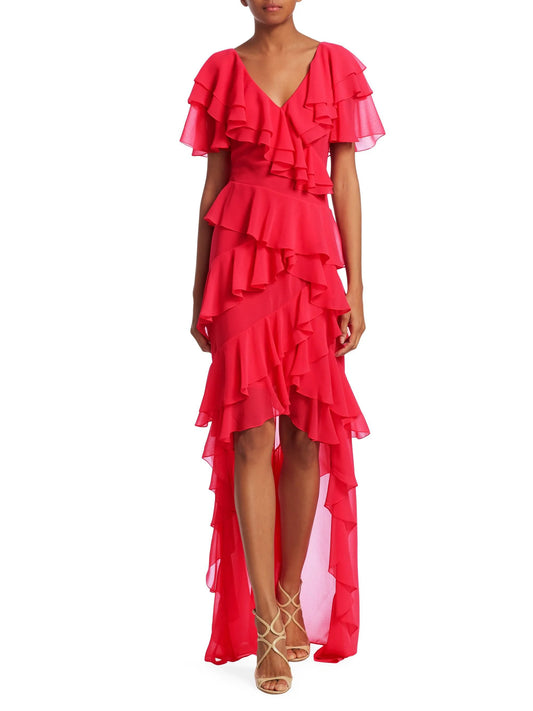 BADGLEY MISCHKA Women's High-Low Tiered Ruffle Gown