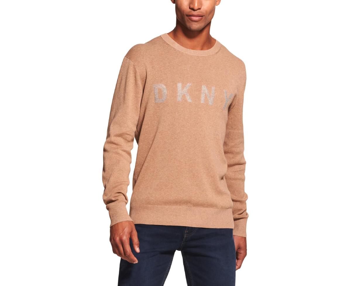 DKNY Cotton Long Sleeve Crewneck Men's Sweater Jumper in Camel Melange