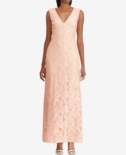 RALPH LAUREN Women's Neoprene Embroided Pink Gown Dress