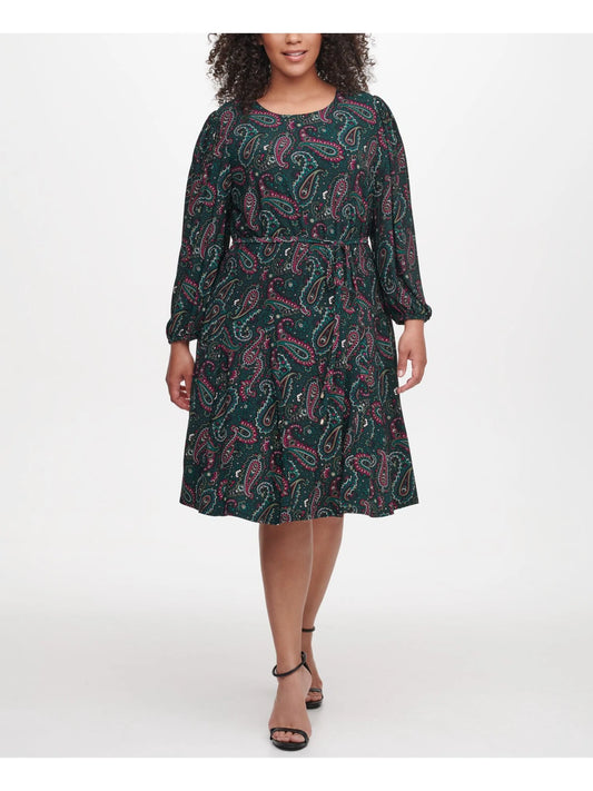 TOMMY HILFIGER Women's Green Paisley Bishop Sleeve Midi Dress