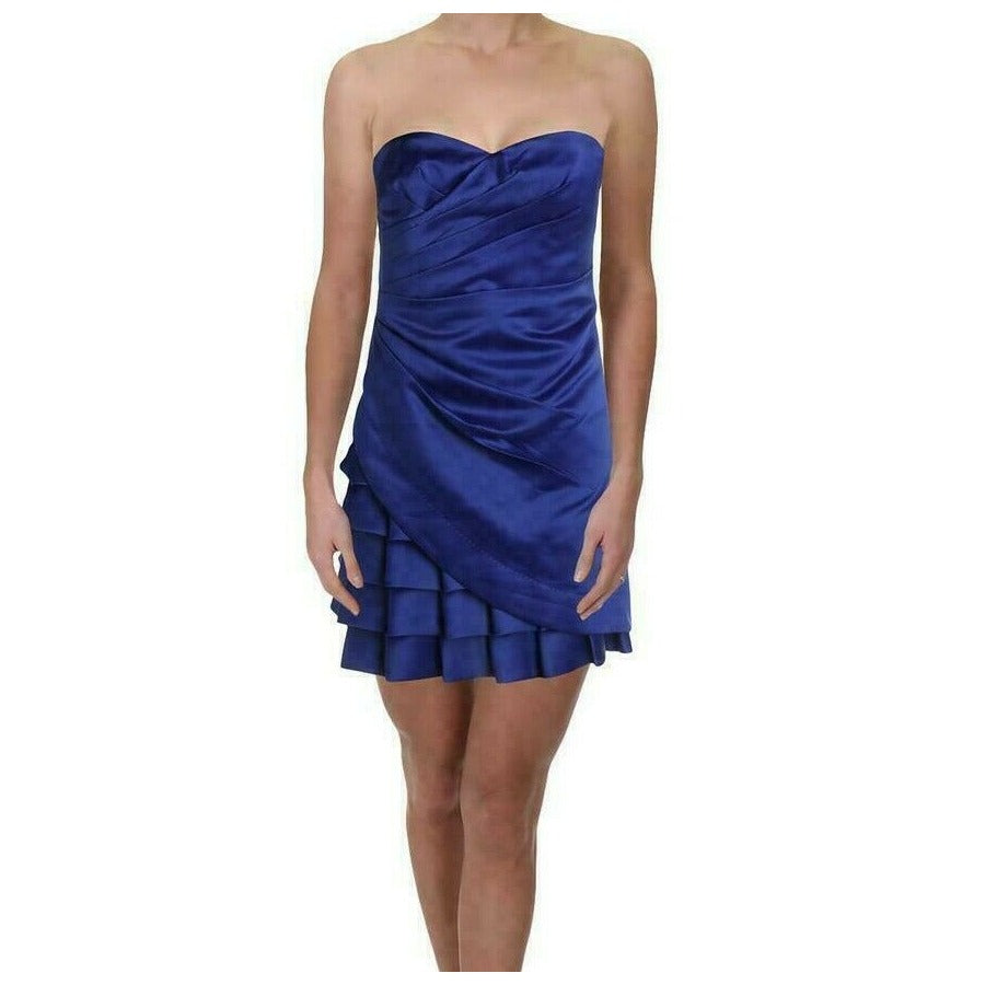 CALVIN KLEIN Women's Blue Satin Strapless Tiered Cocktail Dress