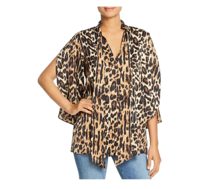 KENNETH COLE Women's Split Sleeve Leopard Print Blouse Top