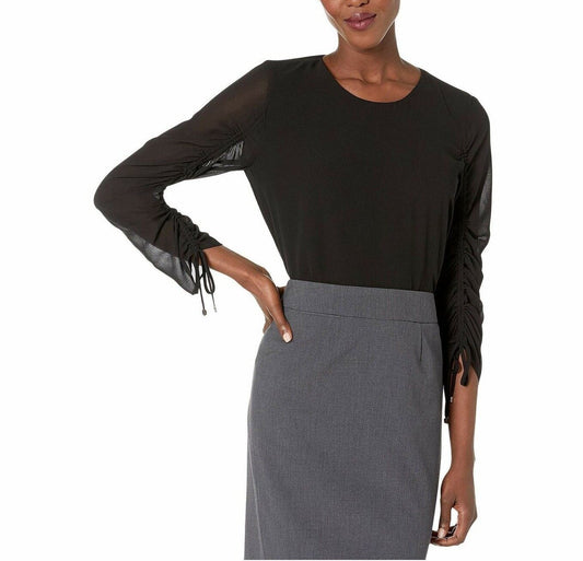 CALVIN KLEIN Women's Black Ruched Sleeved Blouse Top