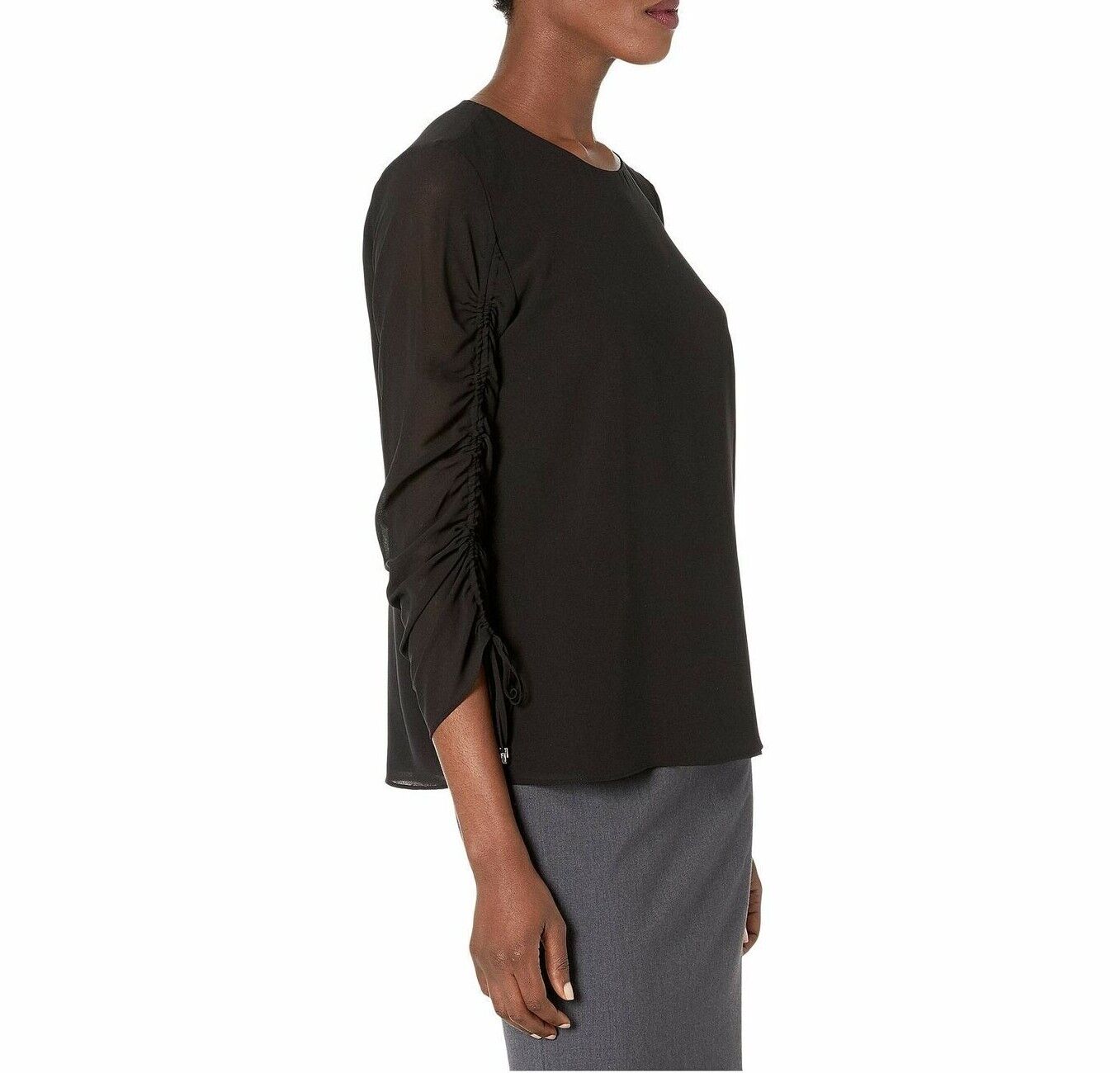CALVIN KLEIN Women's Black Ruched Sleeved Blouse Top