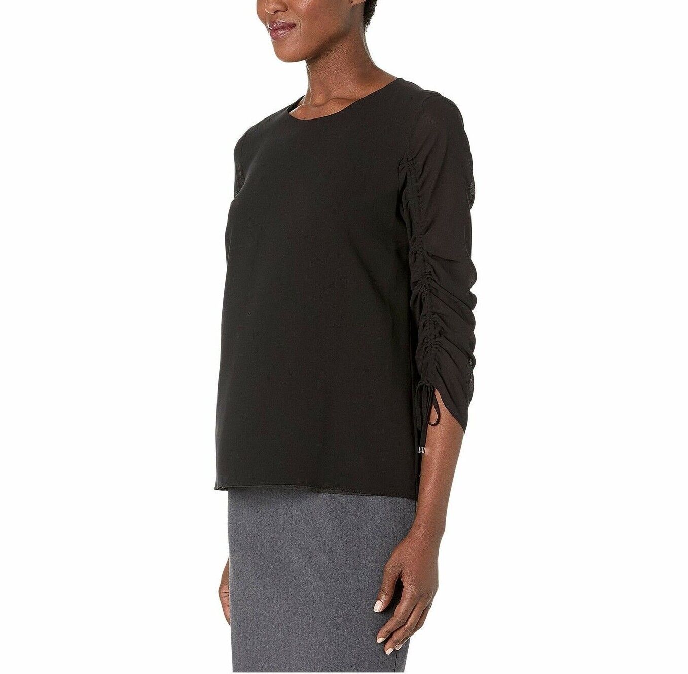 CALVIN KLEIN Women's Black Ruched Sleeved Blouse Top
