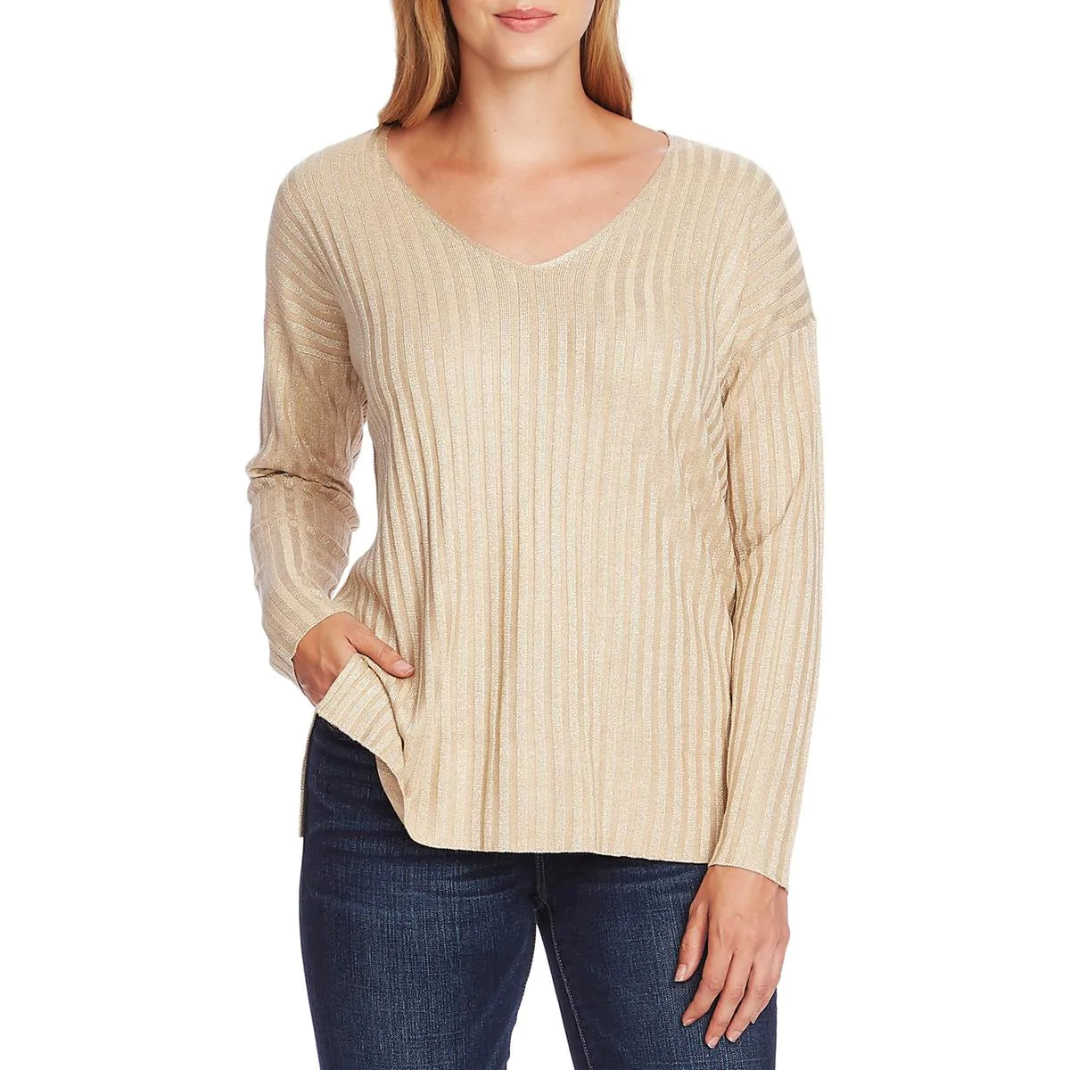 VINCE CAMUTO Women's Ribbed Metallic Jumper Top in Flax Heather