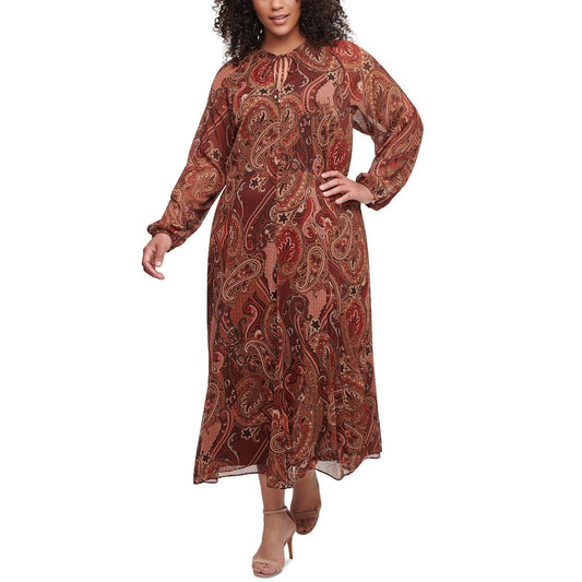 TOMMY HILFIGER Women's Brown Paisley Long Sleeve Maxi Dress