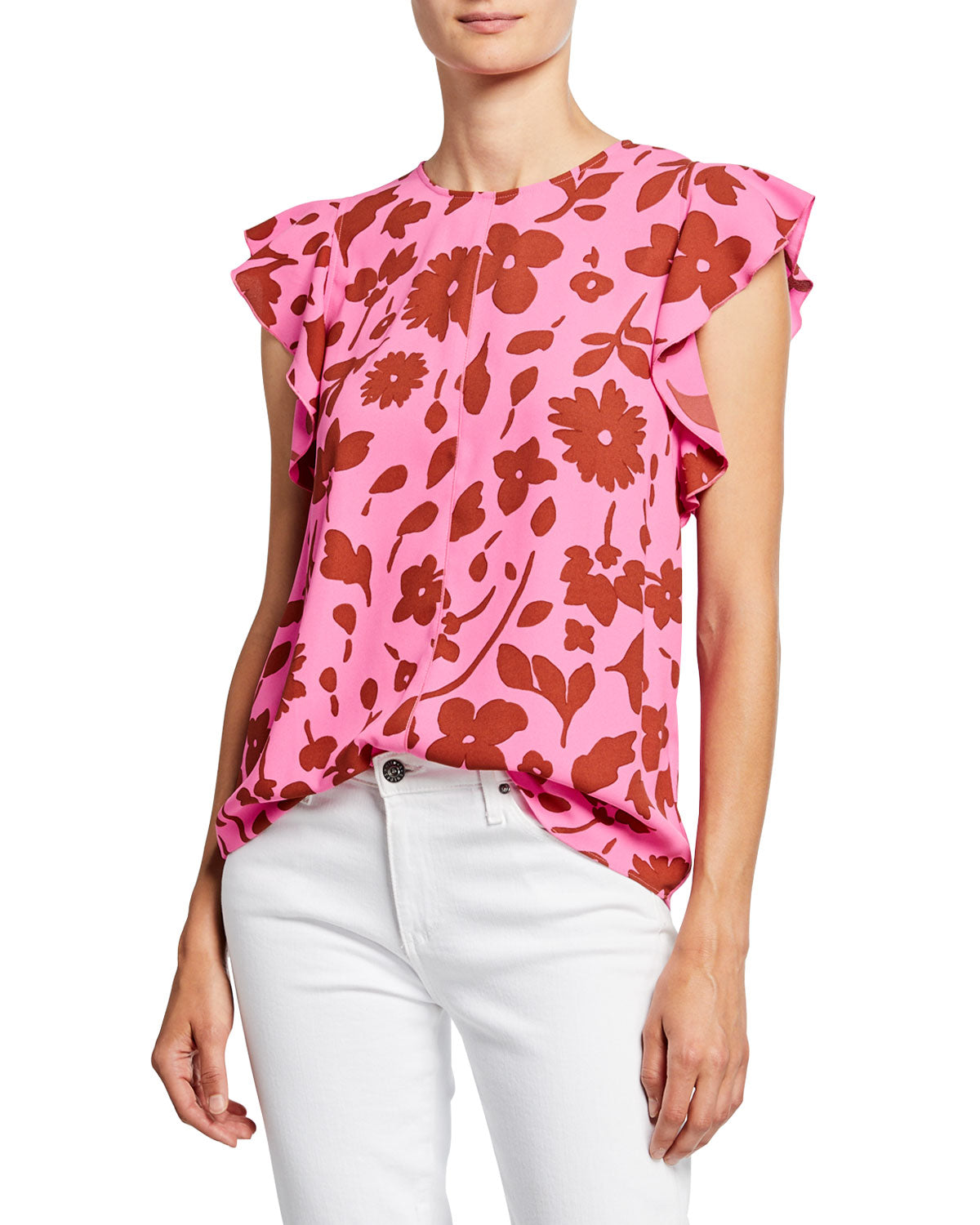 KATE SPADE Women's Pink Floral Flutter Sleeve Blouse Top