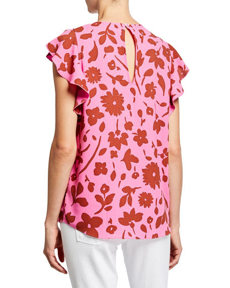 KATE SPADE Women's Pink Floral Flutter Sleeve Blouse Top