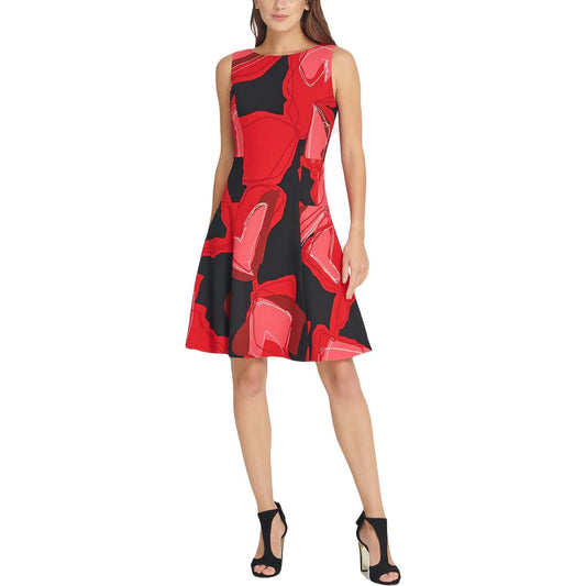 DKNY Women's Black and Red Printed Fit and Flare Dress