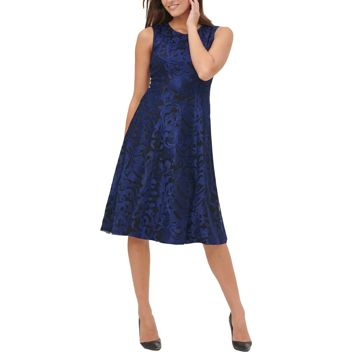 TOMMY HILFIGER Women's Blue Lace Overlay Fit and Flare Dress