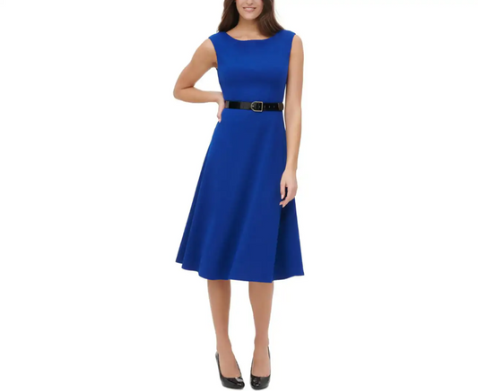 TOMMY HILFIGER Women's Belted Marine Blue Fit & Flare Dress