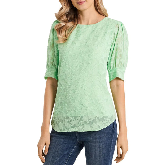 VINCE CAMUTO Women's Applique Jacquard Sheer Blouse Top in Aloe Green