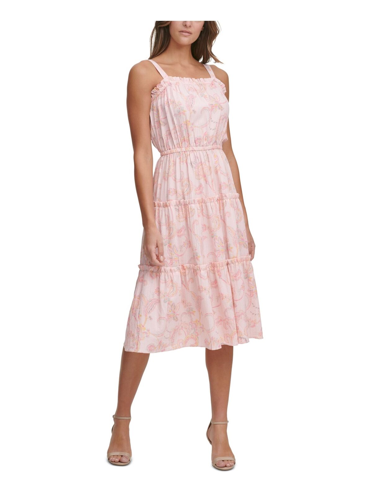 TOMMY HILFIGER Women's Marlo Pink Paisley Tiered  Midi Dress