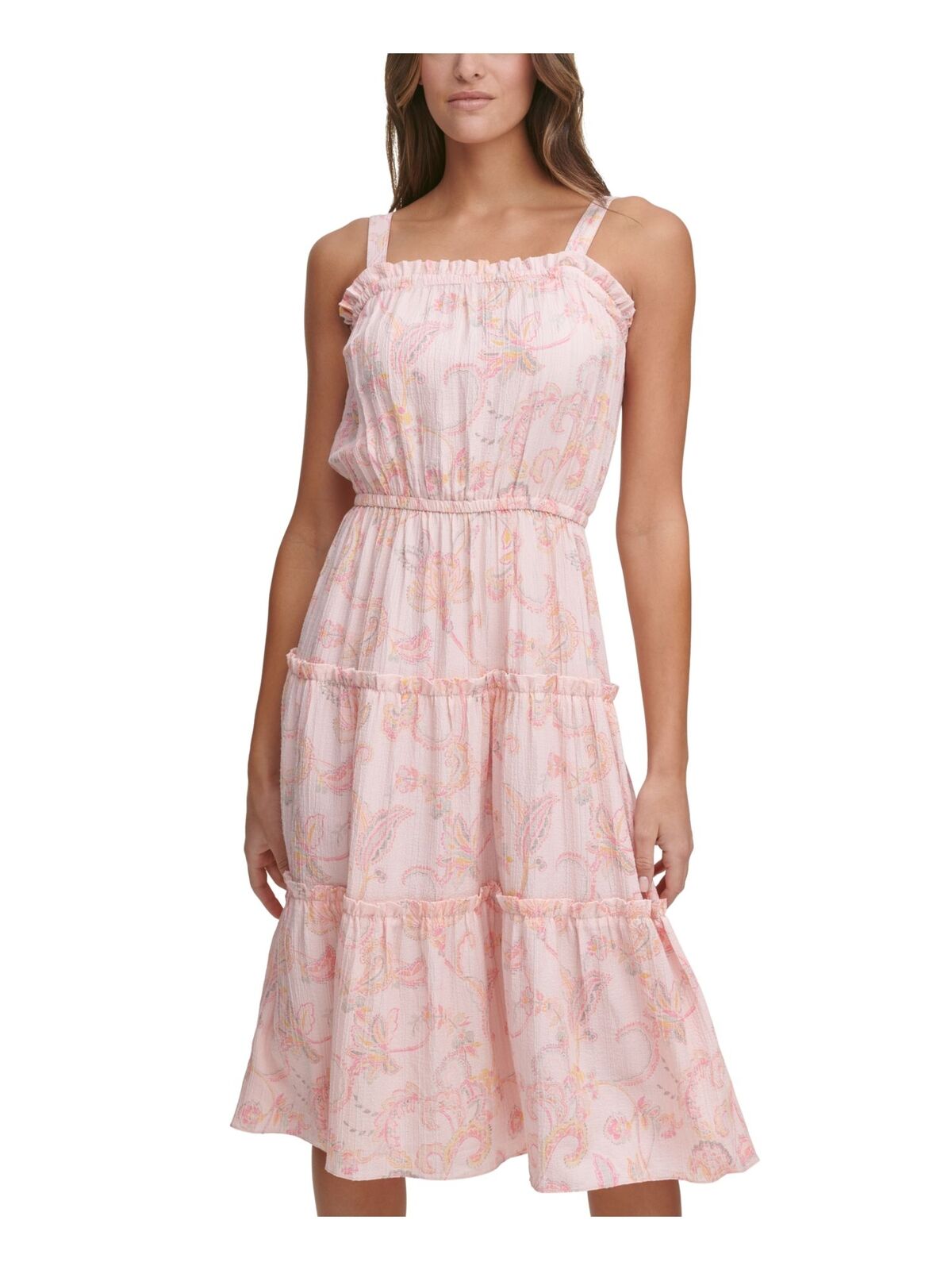 TOMMY HILFIGER Women's Marlo Pink Paisley Tiered  Midi Dress