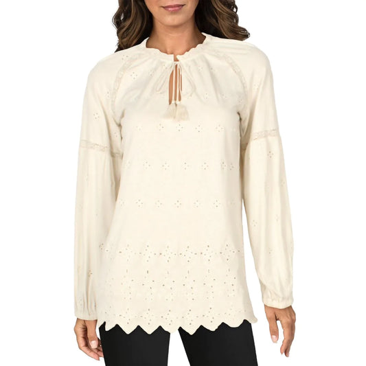 LAUREN RALPH LAUREN Women's Long Sleeve Eyelet Blouse in Winter Cream