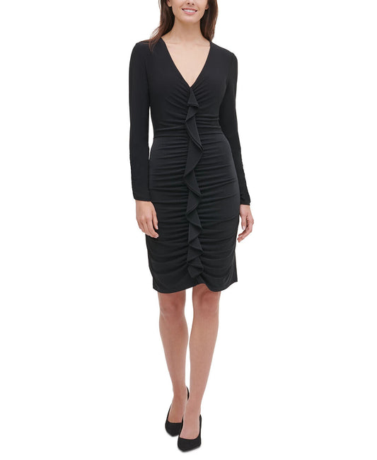 TOMMY HILFIGER Women's Black Ruched Ruffled Sheath Dress