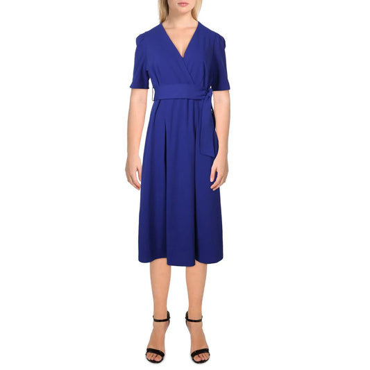 DKNY Women's Blue Short Sleeve Belted Fit and Flare Dress