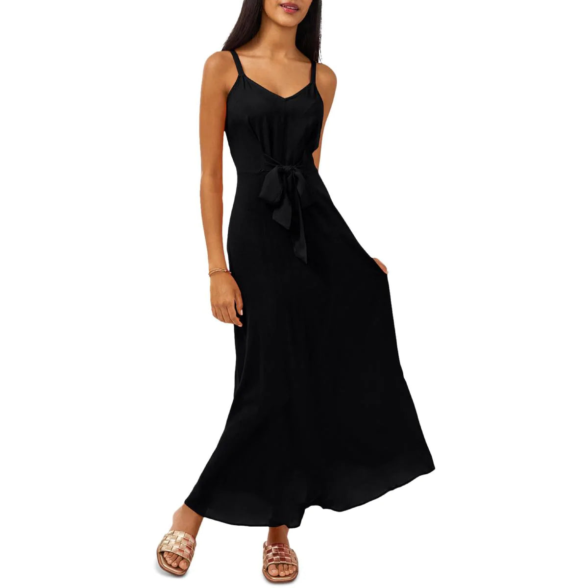 VINCE CAMUTO Women's Challis Black Tie Front Maxi Dress