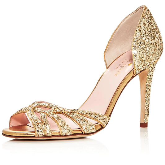 KATE SPADE New York Women's Metallic Gold Glitter Peep Toe D'Orsay Heels