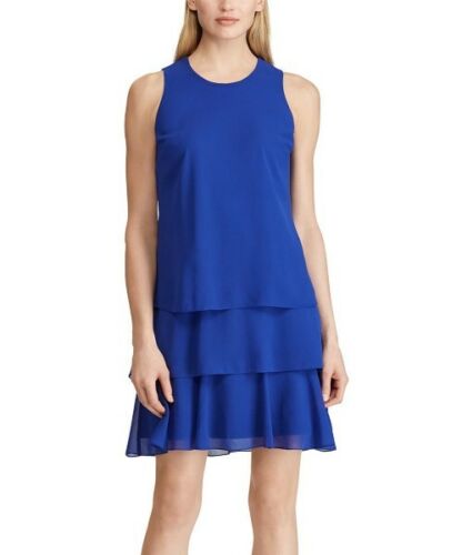 LAUREN RALPH LAUREN Georgette Blue Tiered Sleeveless Shift Dress