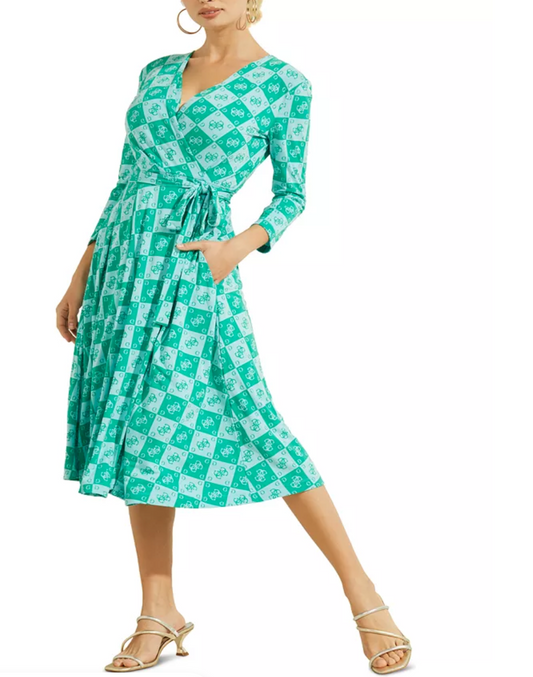 GUESS Women's Christin Printed Faux Wrap Midi Dress in Aqua