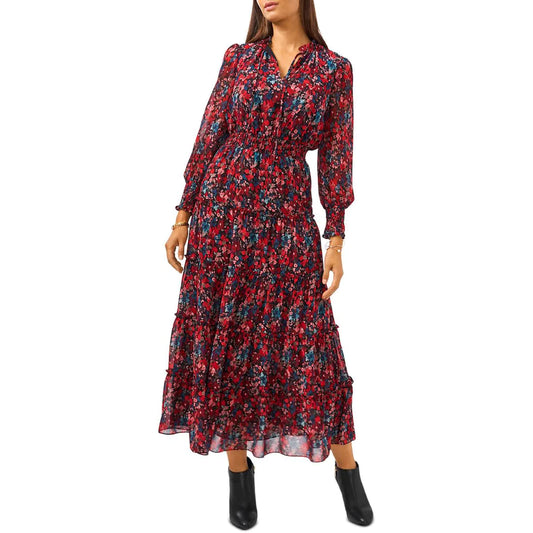 VINCE CAMUTO Women's Red Floral Bishop Sleeve Maxi Dress