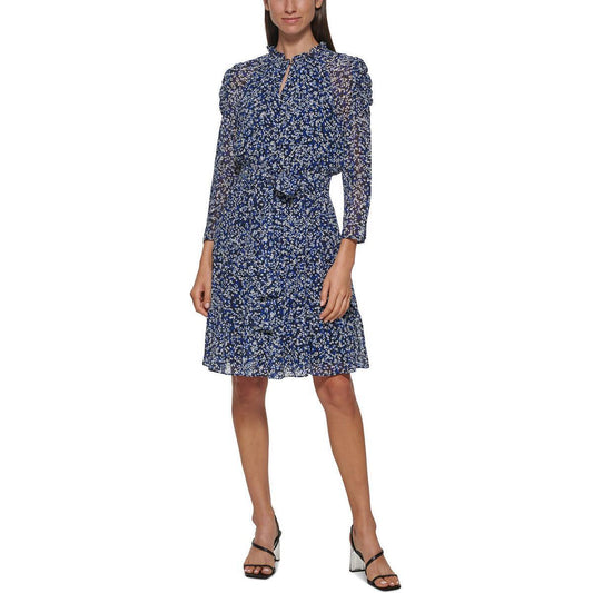 CALVIN KLEIN Women's Belted Blue Floral Dress