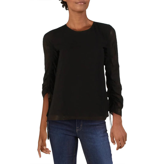 CALVIN KLEIN Women's Black Long Ruched Sleeve Crew Neck Top